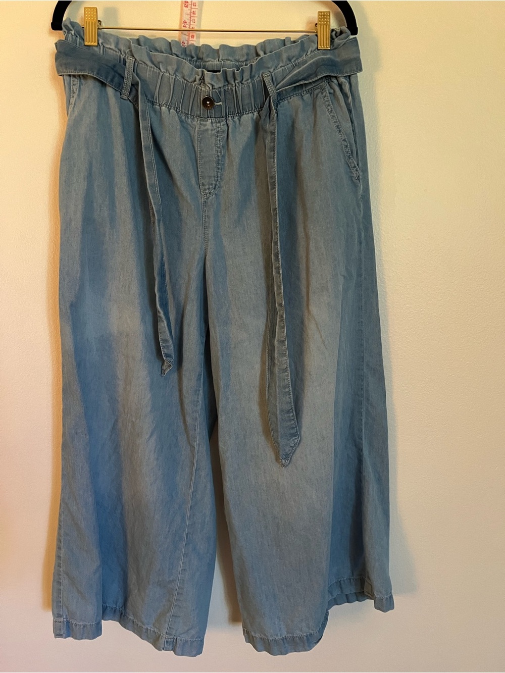 Light Wash Denim Paperbag Waist Very Wide Leg Pants